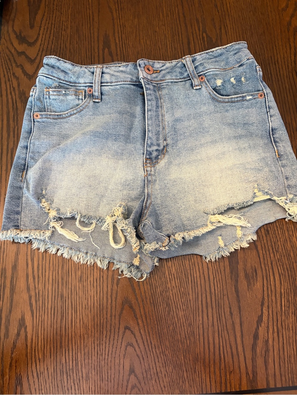 High-Rise Frayed Light Wash Denim Shorts